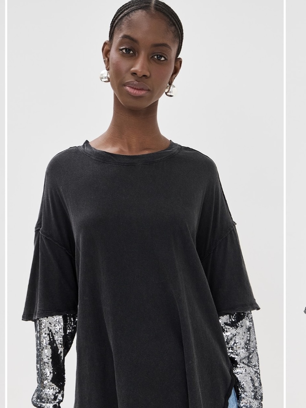 Free People Black Oversized Long Sleeve Top with Silver Sequin Sleeves